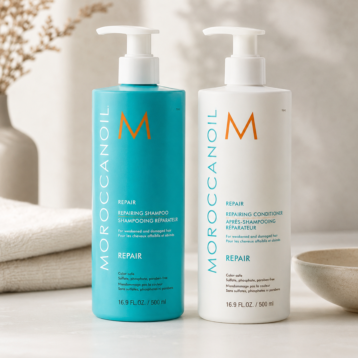 شامپو و نرم‌کننده ترمیم‌کننده مو موروکن اویل Moroccanoil Rep